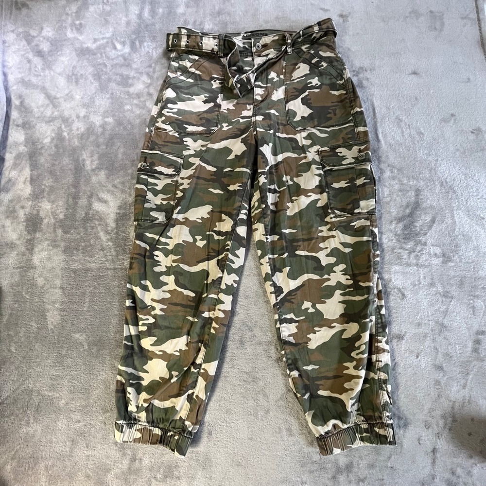 Arizona Jean Co Cargo Jogger Pants Women Size 15 Green Camo High‎ Rise Belted